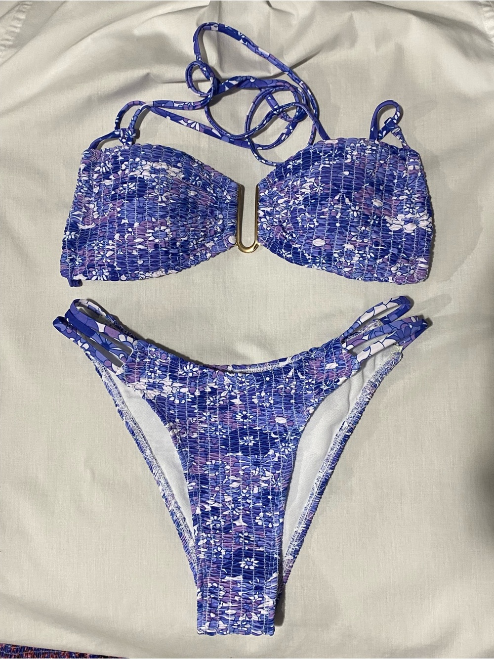Smocked Purple Floral Bikini with Gold Accent